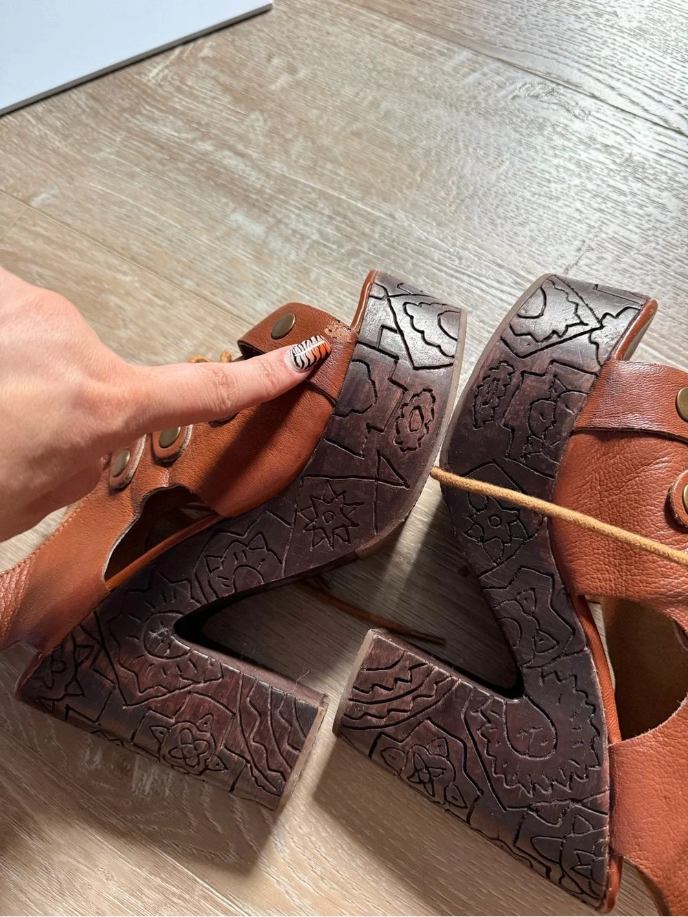 Free People Brown Cutout Platform Heels with Patterned Wood-Look Sole